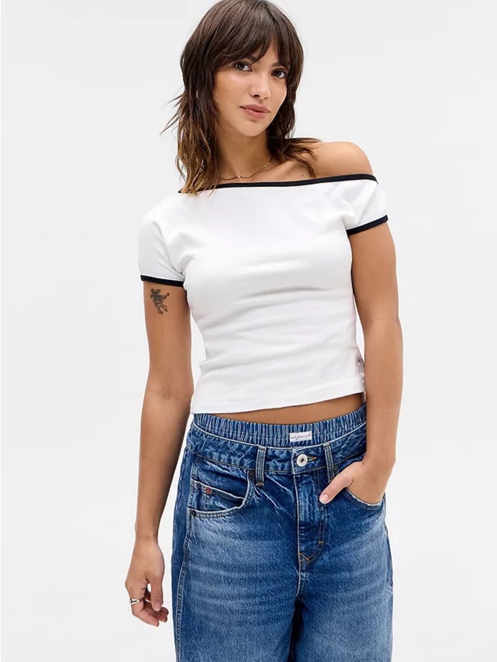 BDG Navy One-Shoulder Top with White Trim